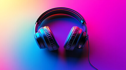 Stylish Headphones on Vibrant Gradient Background with Neon Light Effects
