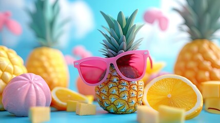 A pineapple wearing pink sunglasses surrounded by fruit on a bright blue summer background