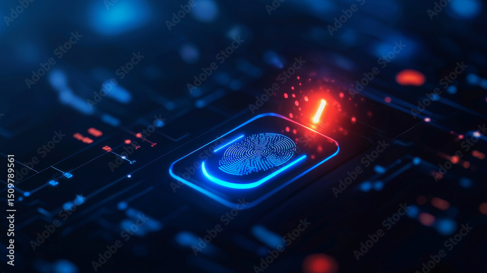 Poster digital fingerprint scan on a futuristic interface with glowing elements.