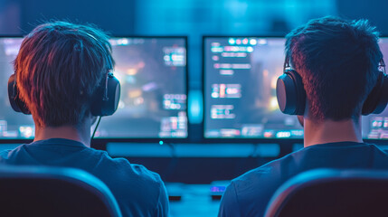 Two gamers focused on screens, wearing headphones in a dimly lit room.