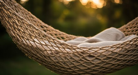 Fototapeta premium A close-up of the brown fabric draped over the woven hammock, with soft sunlight shining through, creating a serene and calming atmosphere.