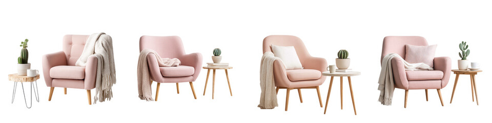 Chic, cozy pink armchairs styled with decorative pillows and throws, perfect for modern interiors, showcasing contemporary design and inviting aesthetics for home decor inspiration.