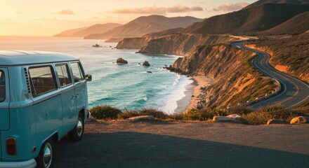 Classic blue and white camper van parked on a scenic coastal road overlooking a rugged cliff and the deep blue ocean under a bright sky, perfect for a picturesque road trip.