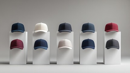 A display of ten baseball caps in various colors arranged on white pedestals against a gray background