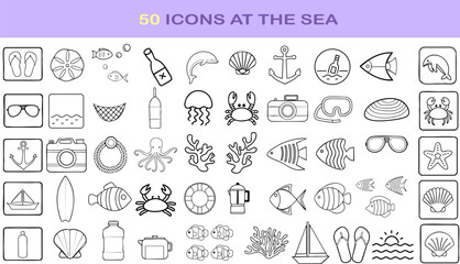 Collection of 50 sea themed icons including fish, jellyfish, anchors, and surfboards, perfect for summer designs and marine projects