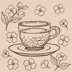 Set with glass cup tea, jasmine. Hand drawn vector illustration in outline style.