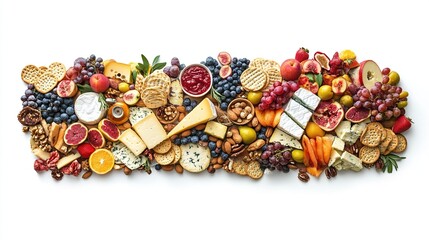 Colorful array of cheeses, fruits, nuts, crackers, and preserves