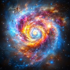 A colorful spiral galaxy filled with stars and celestial bodies