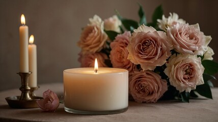 Elegant arrangement of candles and soft pink roses on a wooden table