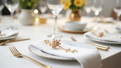 Elegant dining table setup with golden cutlery and floral centerpiece
