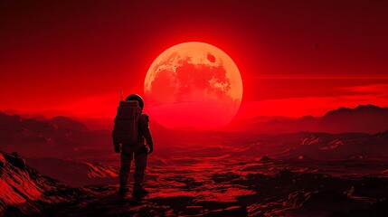 Obraz premium Astronaut on alien planet, blood red sunset