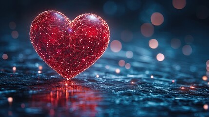 A glowing red heart with a network of lines on a reflective surface against a blurred background