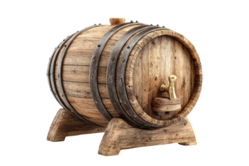 PNG Rustic wooden barrel with tap on stand for aging liquor or wine