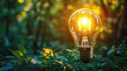 A glowing light bulb sits atop lush green foliage in a sun dappled outdoor setting in soft focus