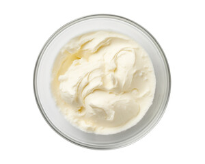 Cream cheese in clear glass bowl