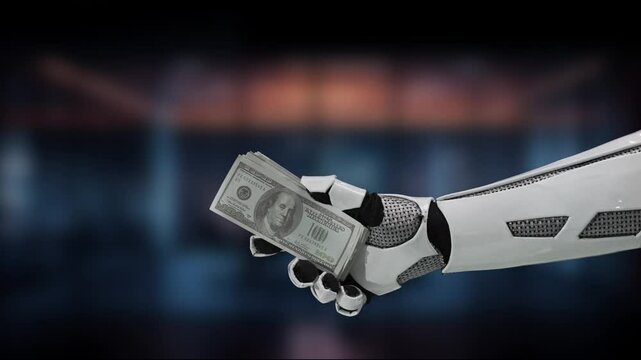 A robotic hand grasps a stack of money, symbolizing the intersection of technology and finance. This image captures themes of innovation, investment, and modern banking. MZL