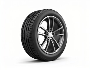 Obraz premium 3D model of a sports car wheel, elegant alloy rim and performance tire, shown standing upright from side view, minimal white background