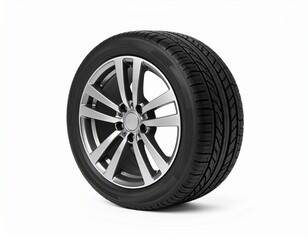 3D model of a sports car wheel, elegant alloy rim and performance tire, shown standing upright from side view, minimal white background