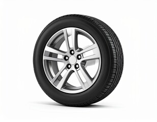 Obraz premium 3D model of a sports car wheel, elegant alloy rim and performance tire, shown standing upright from side view, minimal white background
