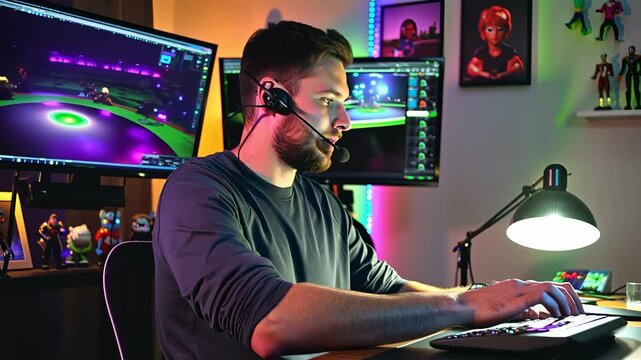 Remote video game developer coding, testing gameplay features, communicating with the development team virtually