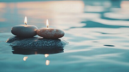 Two candles on stones floating on water, serene ambiance