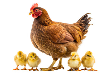 Fototapeta premium Hen and Chicks A heartwarming image of a mother hen with her adorable chicks