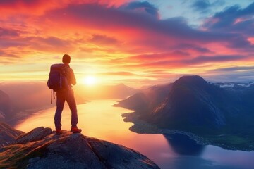 Obraz premium Hiker admires stunning sunset over arctic Norway fjord from mountain summit, Hiker look at spectacular arctic Norway fjord from mountain in vibrant sunset