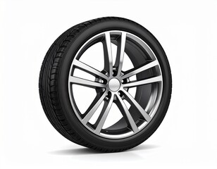 Obraz premium Single luxury car wheel 3D rendering, chrome rim and premium tire, side view on white background