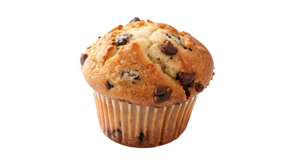 freshly perfectly backed Delicious chocolate chip muffin with golden-brown crust isolated on a transparent background