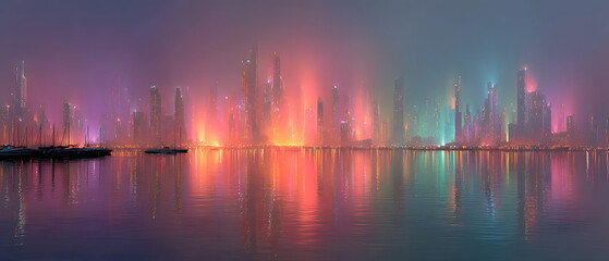 Vibrant city skyline reflecting on calm water at dusk.