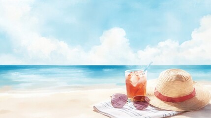 Relaxing beach scene with drink
