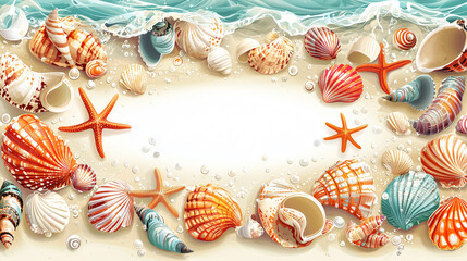 Seashells and starfish beach border illustration