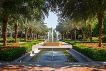 Fountain in a formal park surrounded by palm trees in Abu Dhabi during a sunny day, Formal park in Abu Dhabi with fountain in the frame