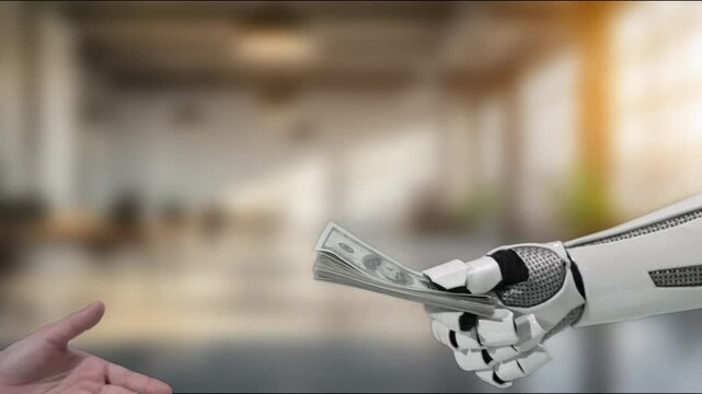 A human hand presents cash to a robotic hand, illustrating the intersection of technology and finance, highlighting advancements in digital transactions in modern society. MZL