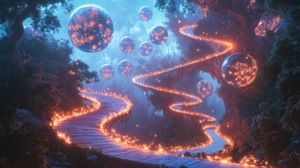 Magical, glowing pathway through a surreal forest.  Orb lights illuminate the way