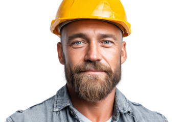 Confident worker in hardhat ready for construction challenges on a transparent background with ample copy space for branding