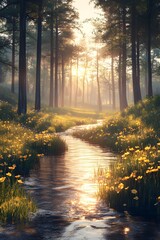 Obraz premium A valley with murmuring streams in the morning light
