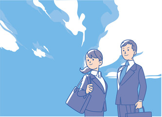 青空の下のスーツ姿の男女のイラスト