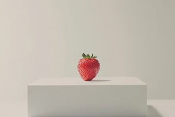 Single strawberry on white pedestal