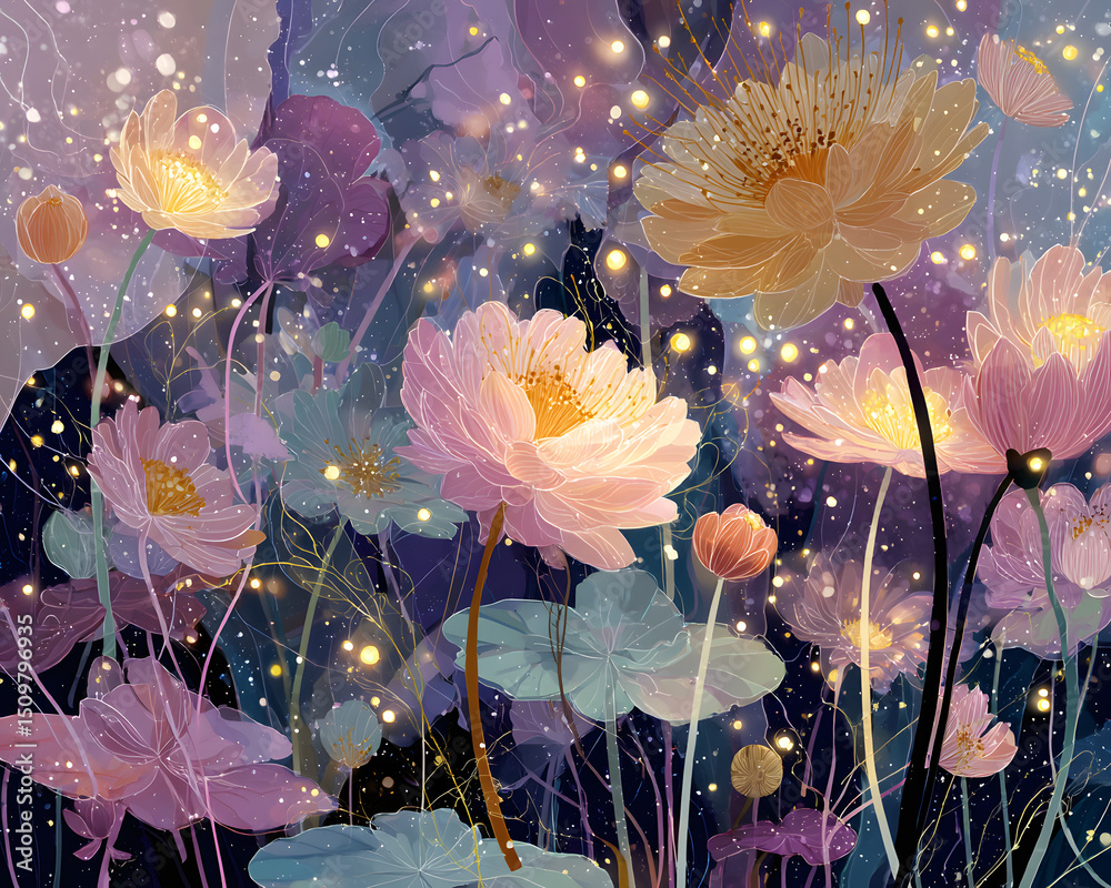 Poster colorful abstract floral design with ethereal elements and soft lighting.