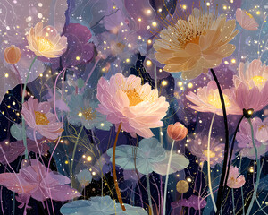 Colorful abstract floral design with ethereal elements and soft lighting.