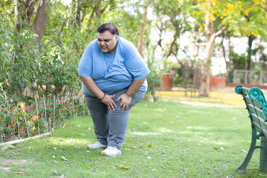 Overweight indian man suffering from knee pain while walking in summer park .Plus size guy have joint inflammation or injury, Fat people health care and medical concept