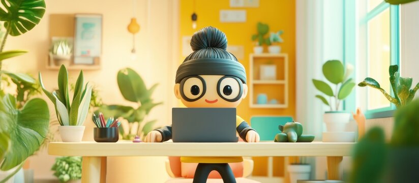 Cartoon Character Working on Laptop in a Cozy Room