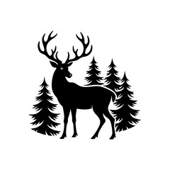 Deer with Antlers in Forest Silhouette.eps