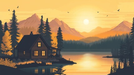 Fototapeta premium Tranquil cabin nestled by a serene lake at sunset