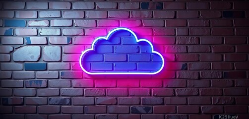 Neon cloud storage label on brick wall, smartphone database, big data concept vector illustration,  digital,  network