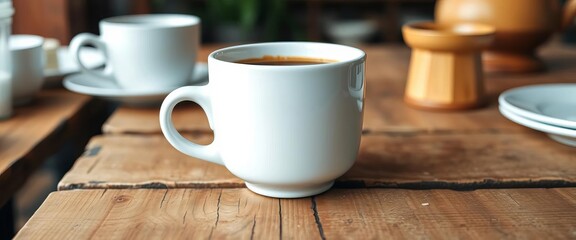 Obraz premium White ceramic coffee cup on rustic wooden table, wood, morning