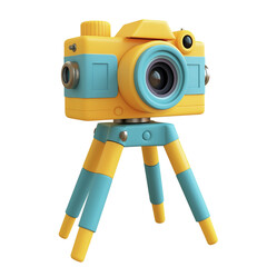 Fototapeta premium Colorful toy camera on a tripod stand. PNG image, transparent background