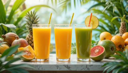 Fototapeta premium A tropical juice bar setup with glasses of mango, pineapple, and guava juice displayed on a counter