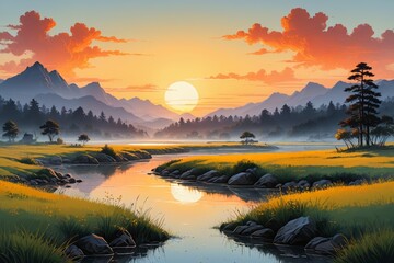 Obraz premium painting of a river with a mountain in the background